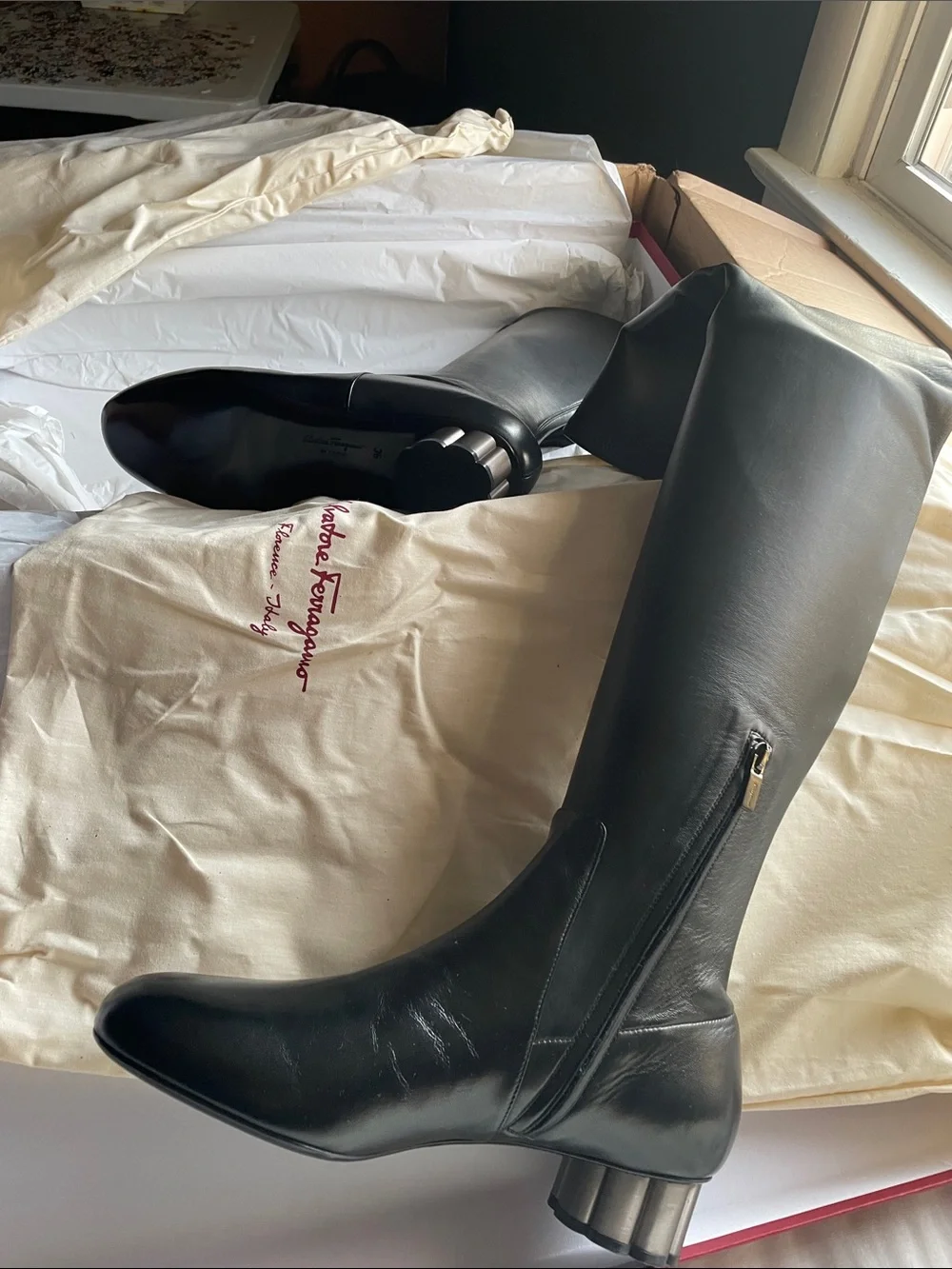 Salvatore Ferragamo Black Leather Over-the-Knee Boots with Cylindrical Heel